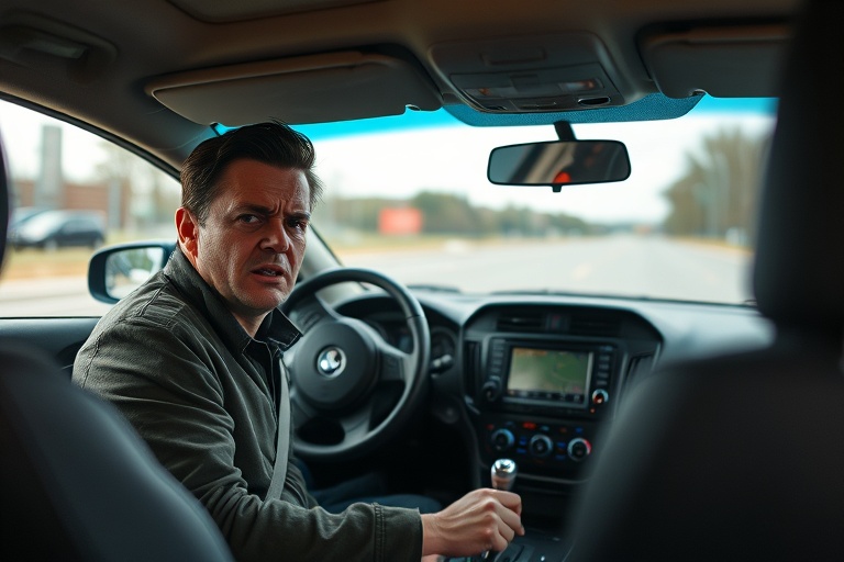 Driver looking concerned while sitting in a car, gripping gear shift