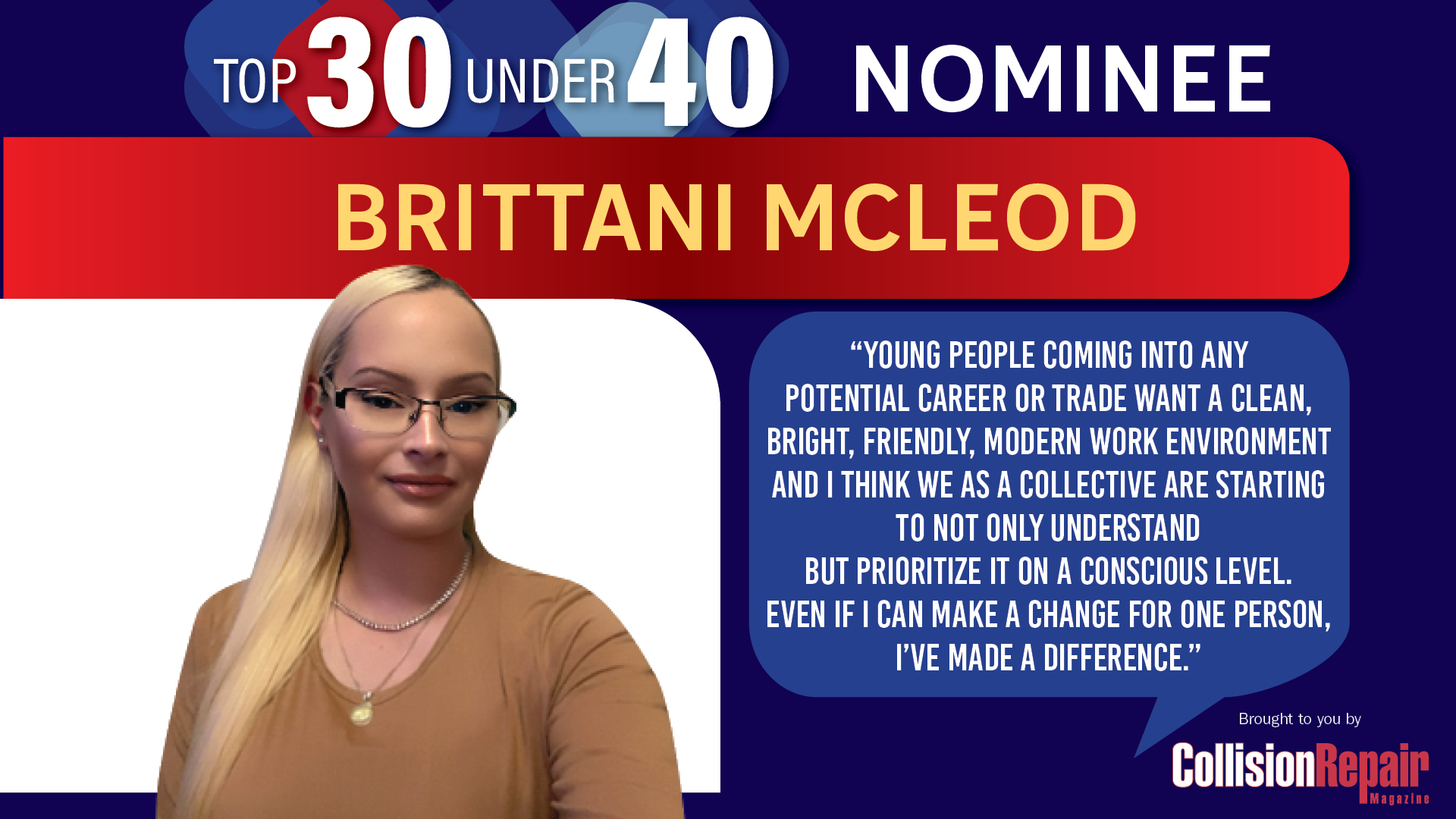 Brittani McLeod, Top 30 Under 40 nominee, wearing glasses and yellow top