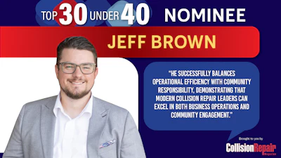 Jeff Brown, Top 30 Under 40 nominee in Collision Repair industry, wearing glasses and gray blazer