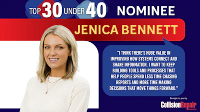 Jenica Bennett, Top 30 Under 40 nominee in white sweater with professional quote
