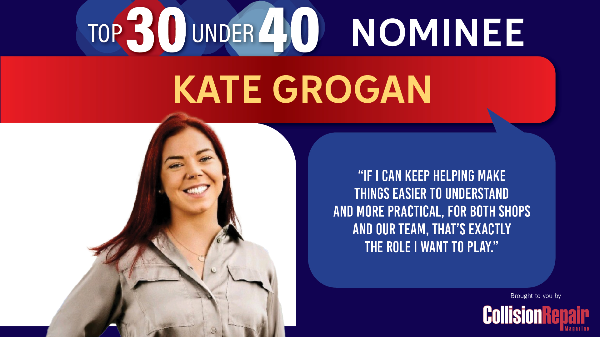 Kate Grogan, Top 30 Under 40 nominee in work shirt, smiling