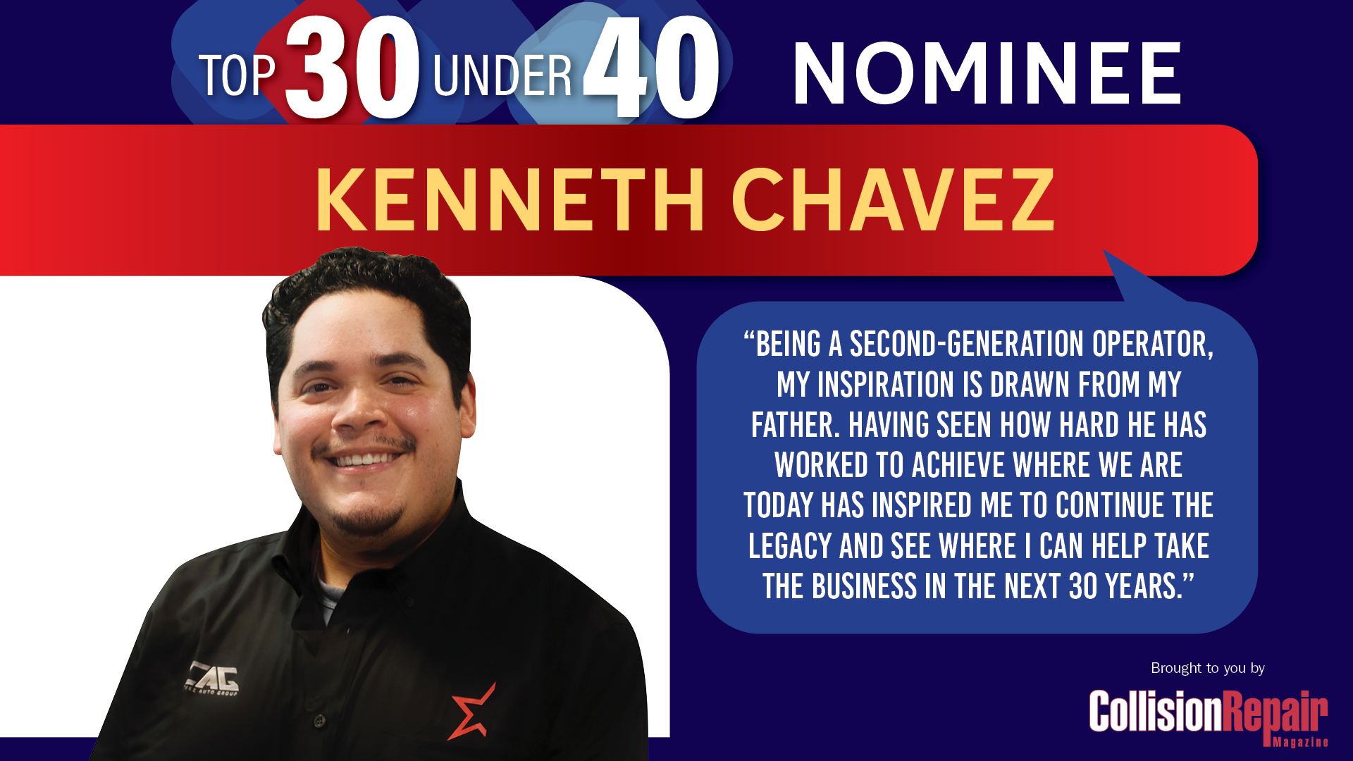 Kenneth Chavez, Top 30 Under 40 nominee in black shirt, smiling