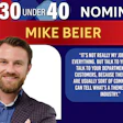 Mike Beier, Top 30 Under 40 nominee in professional attire with industry quote