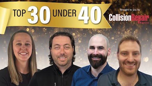 Top 30 Under 40 professionals in business attire against golden background