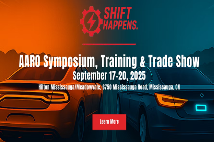AARO Symposium event poster with automotive silhouettes and event details