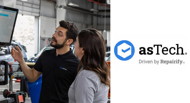 asTech logo: blue circular badge with checkmark, beside workplace scene