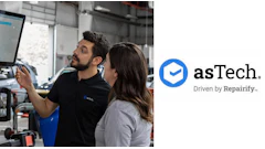 asTech logo: blue circular badge with checkmark, beside workplace scene