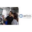 asTech logo: blue circular badge with checkmark, beside workplace scene