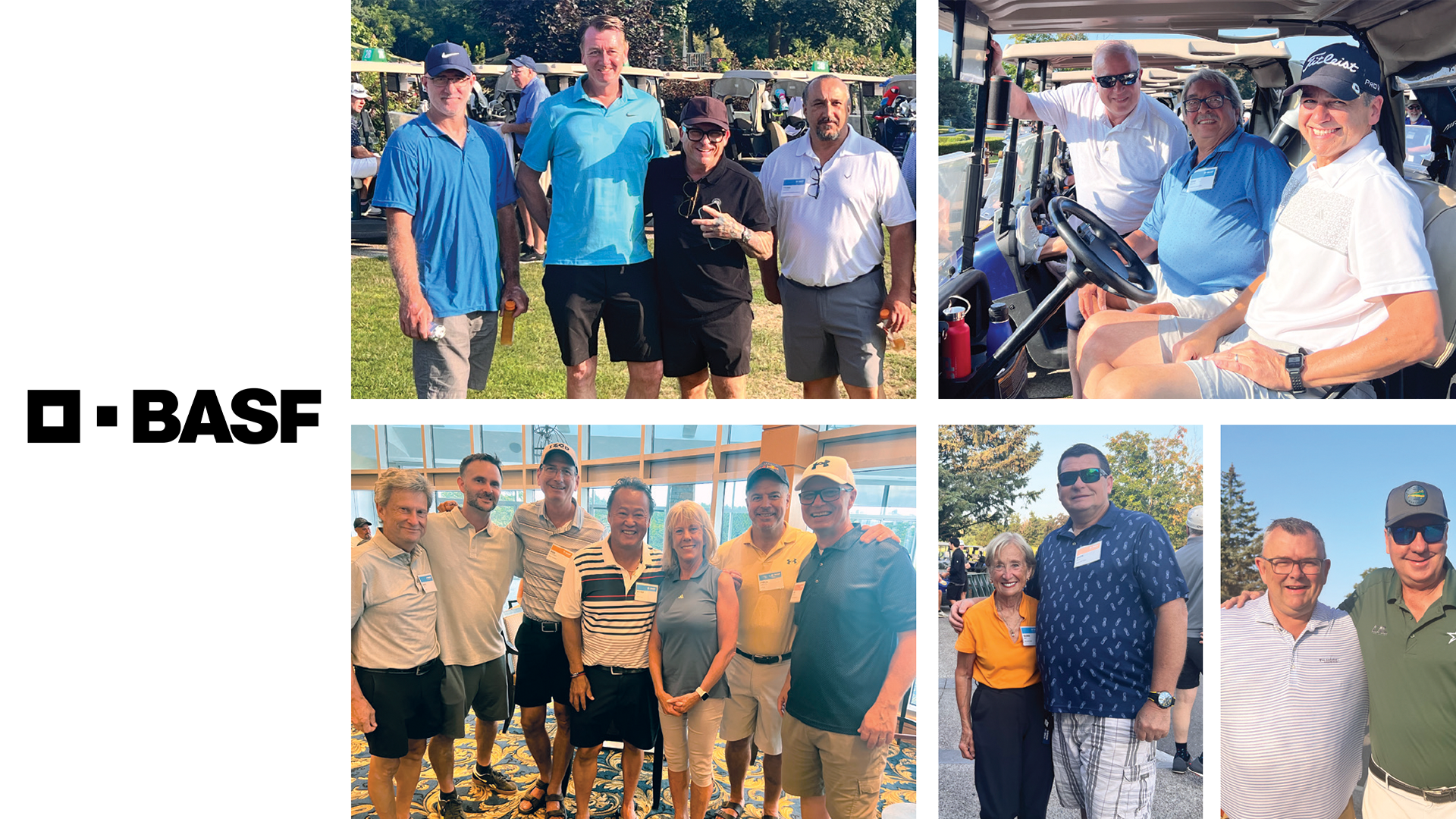 BASF corporate logo alongside group photos from company golf event