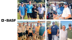 BASF corporate logo alongside group photos from company golf event