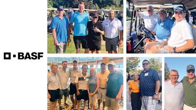 BASF corporate logo alongside group photos from company golf event