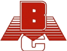 Red and white geometric BG logo with stylized letter design