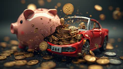 Shattered pink piggy bank with gold coins and red sports car