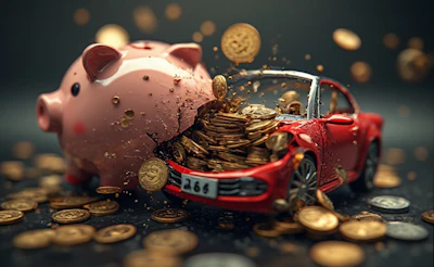 Shattered pink piggy bank with gold coins and red sports car