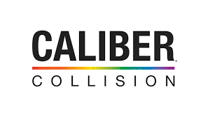 Caliber Collision logo with black text and colorful gradient underline