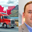 Red semi-truck on highway with Canadian maple leaf flag and mountain landscape