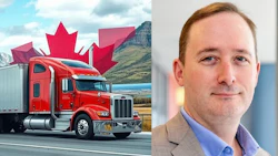 Red semi-truck on highway with Canadian maple leaf flag and mountain landscape