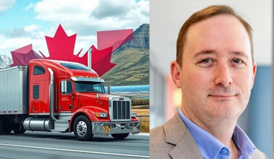 Red semi-truck on highway with Canadian maple leaf flag and mountain landscape