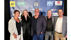 Corporate event backdrop with multiple company logos and six professionals