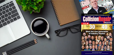 Workspace desk with laptop, coffee, magazine featuring Top 30 Under 40 industry leaders