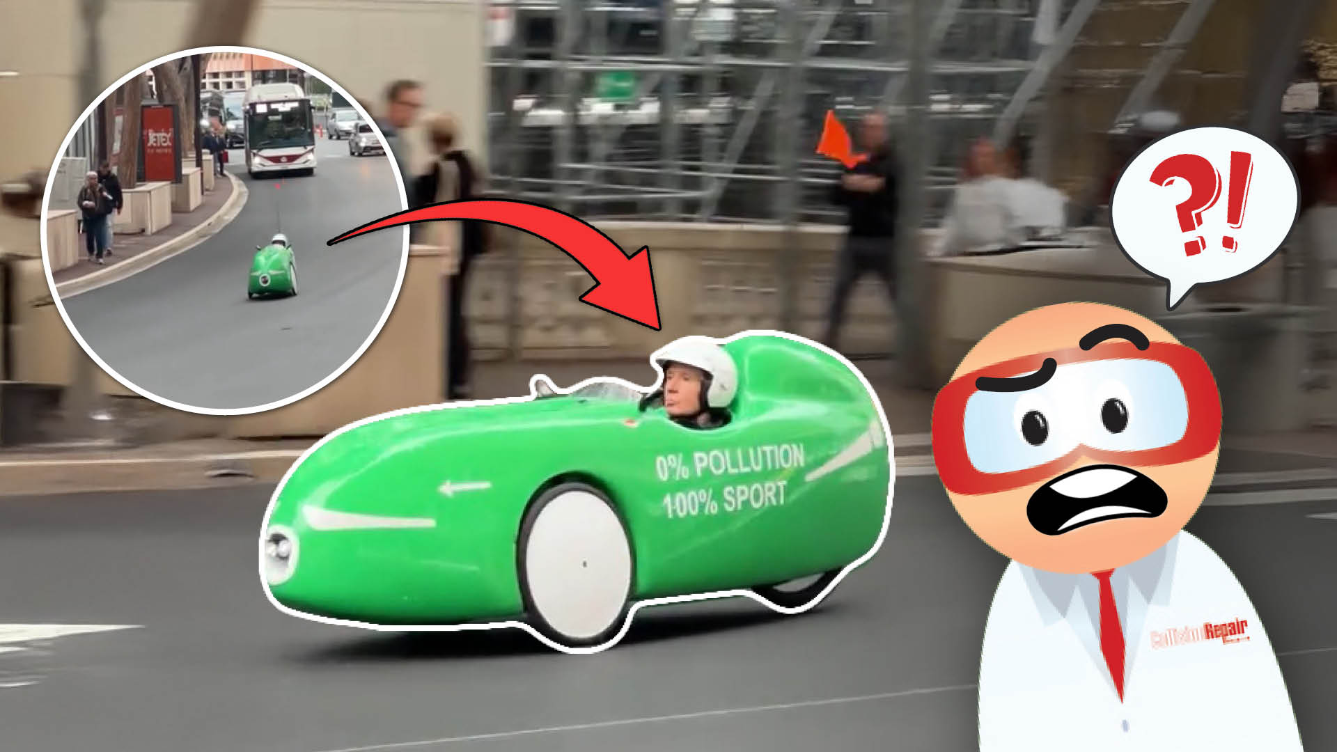 Green eco-friendly vehicle on city street with cartoon character looking surprised