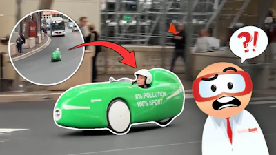 Green eco-friendly vehicle on city street with cartoon character looking surprised