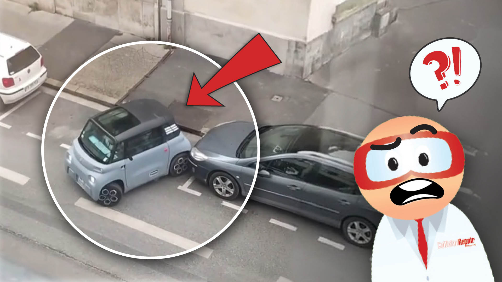 Small blue car wedged at an angle between two other vehicles in a parking area