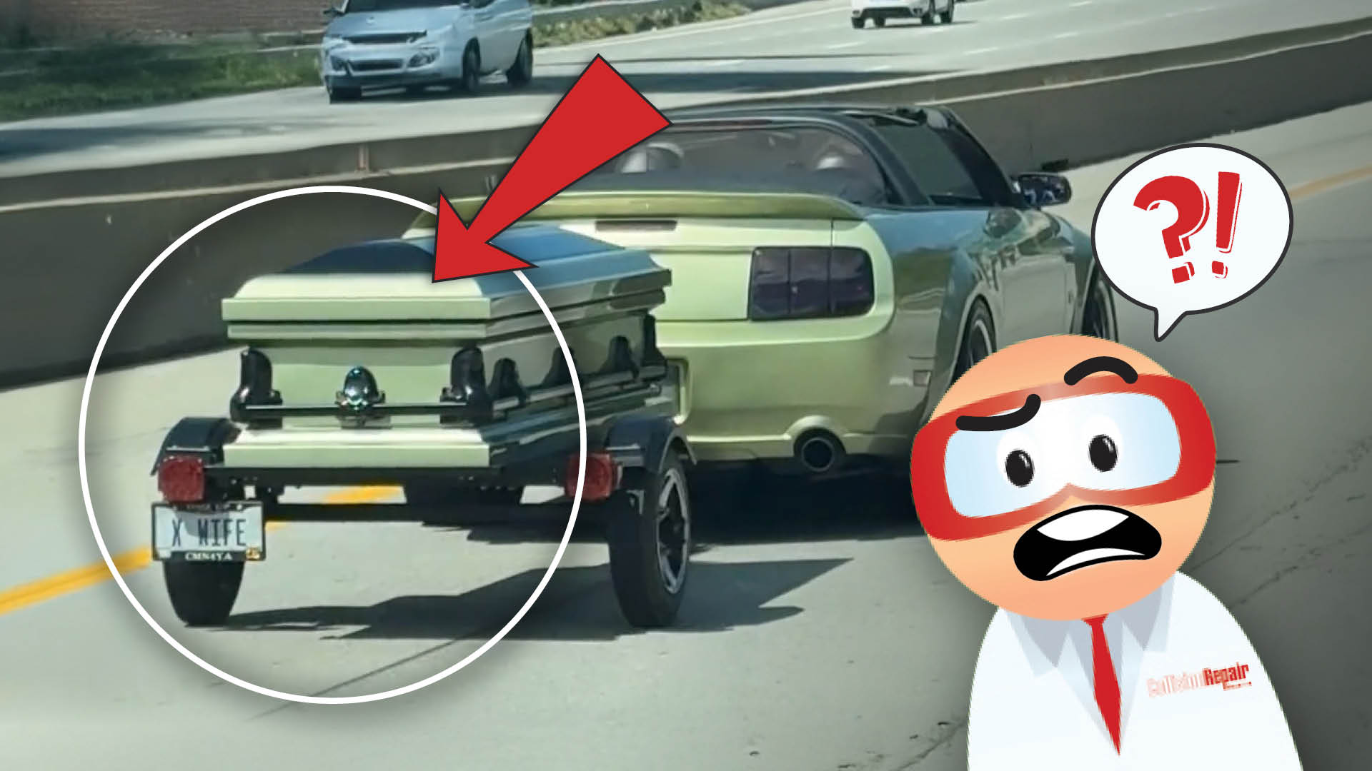 Shocked cartoon character observes hearse with coffin on highway
