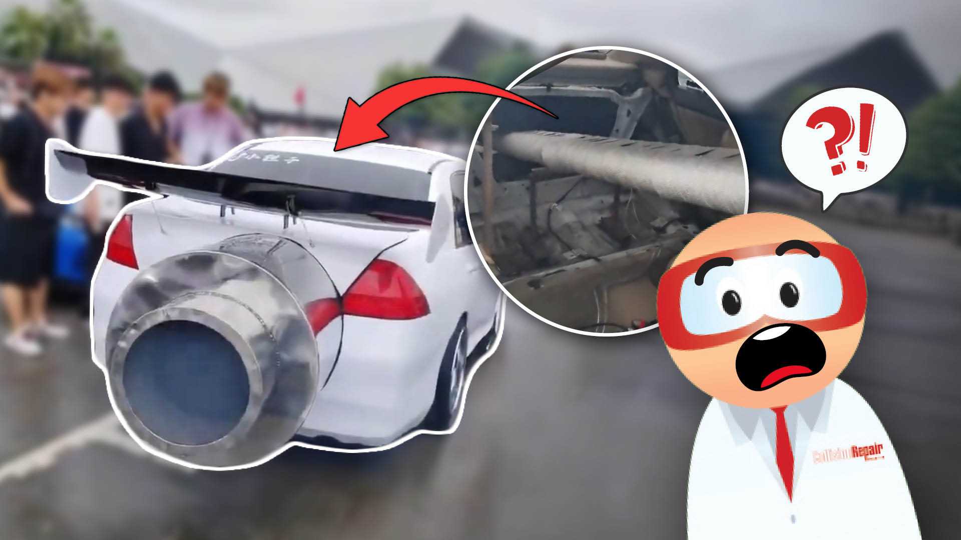 Shocked cartoon character next to car with oversized exhaust pipe