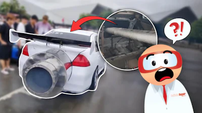 Shocked cartoon character next to car with oversized exhaust pipe
