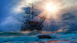 Vintage sailing ship battling stormy seas under dramatic sunlit sky