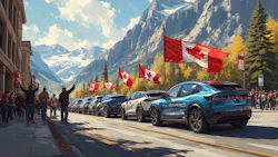 Blue electric vehicles with Canadian flags line mountain street in Banff National Park