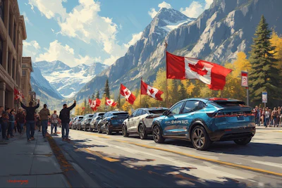 Blue electric vehicles with Canadian flags line mountain street in Banff National Park