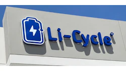 Li-Cycle blue logo with battery icon on white building exterior