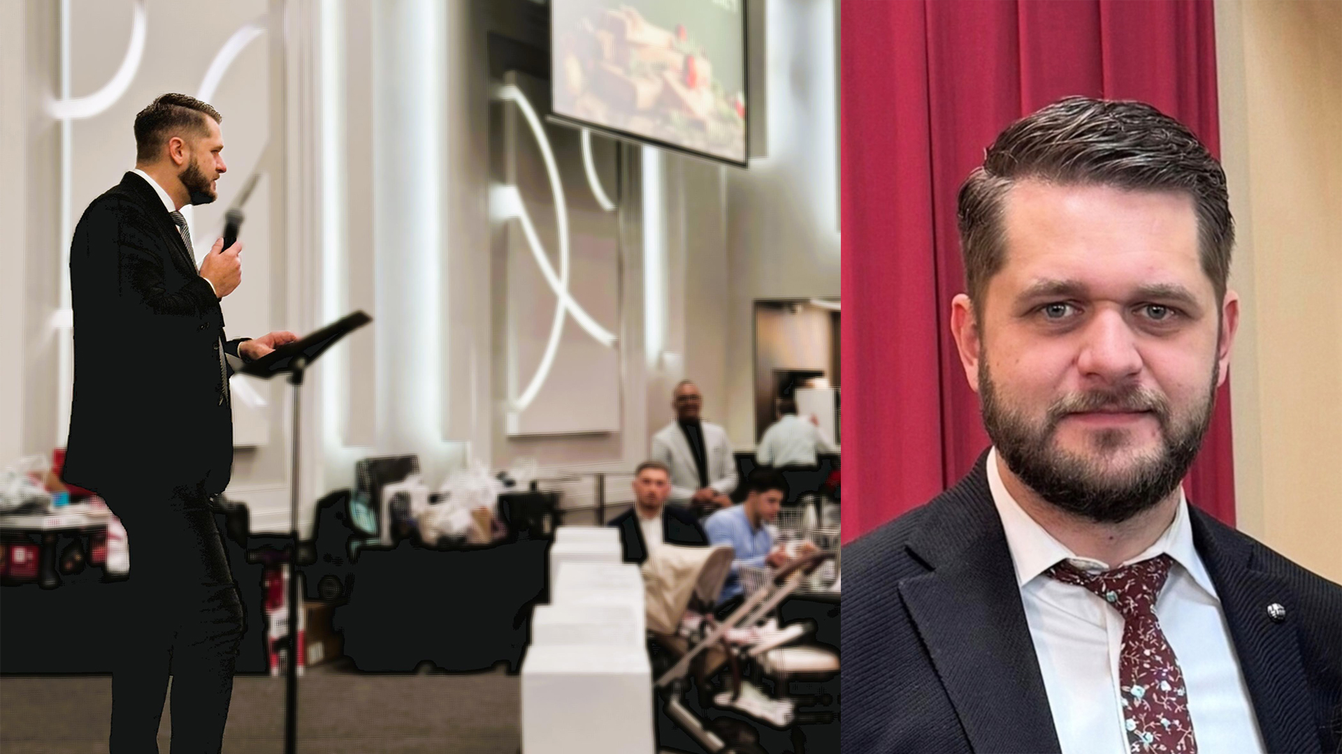 Professional speaker presenting at conference with audience in background