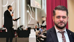 Professional speaker presenting at conference with audience in background