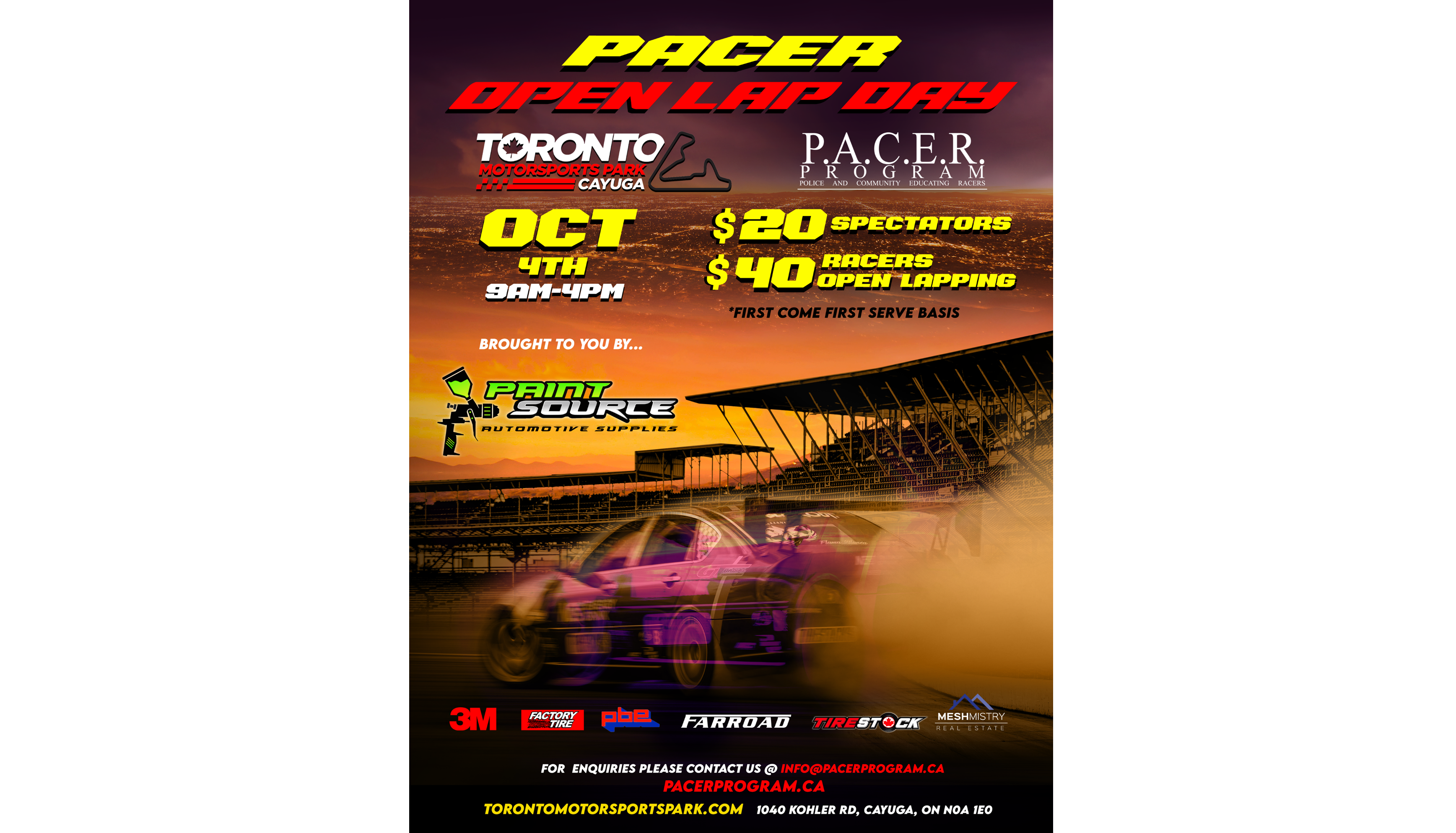 Racing event poster for Pacer Open Lap Day at Toronto Motorsports Park