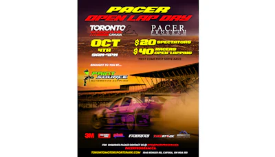 Racing event poster for Pacer Open Lap Day at Toronto Motorsports Park