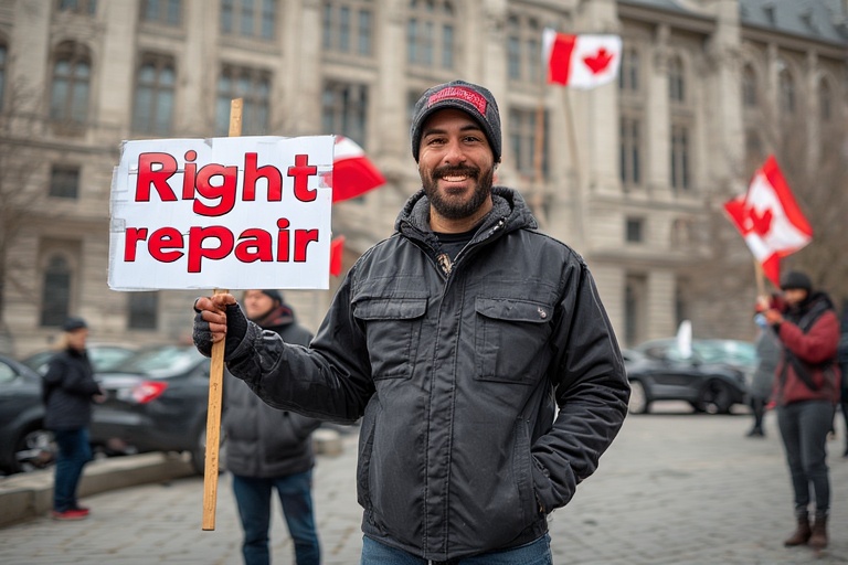 Protester holding 'Right repair' sign with Canadian flags in background