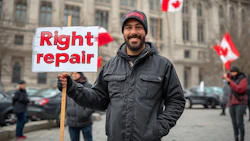 Protester holding 'Right repair' sign with Canadian flags in background