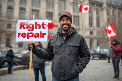 Protester holding 'Right repair' sign with Canadian flags in background