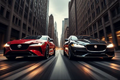 Red Toyota and black Jaguar sports cars racing through urban city street with skyscrapers