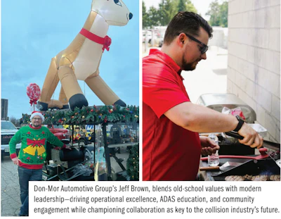 Holiday-themed automotive professional in festive sweater with inflatable holiday display