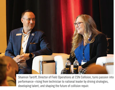 Conference panel featuring two professionals discussing collision repair industry strategies