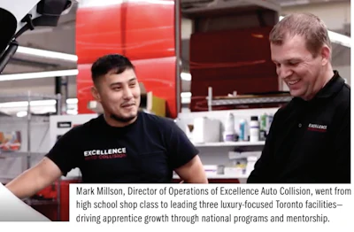 Two auto repair technicians smiling in workshop with red background