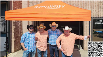 Four cowboys in western attire standing under orange Simplicity tent