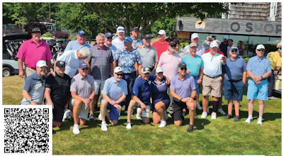 Group of golfers gathered on grass for outdoor event, wearing polo shirts and caps