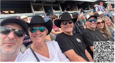 Group of friends in cowboy hats and sunglasses enjoying an outdoor event together