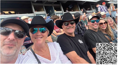Group of friends in cowboy hats and sunglasses enjoying an outdoor event together