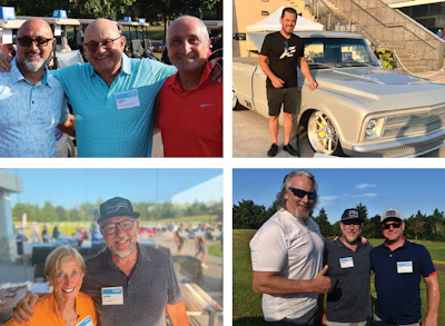 Four photos of men at automotive and outdoor events, wearing name tags